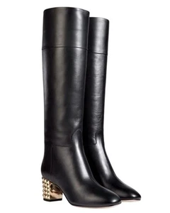 Valentino Garavani Black Leather Gold studded Womens knee-high boots - Picture 1 of 12