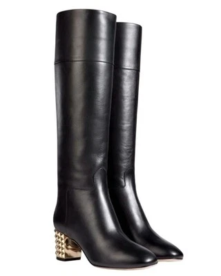Valentino Garavani 黑色皮革金色铆钉女式及膝靴  — 第 1/4 张图片