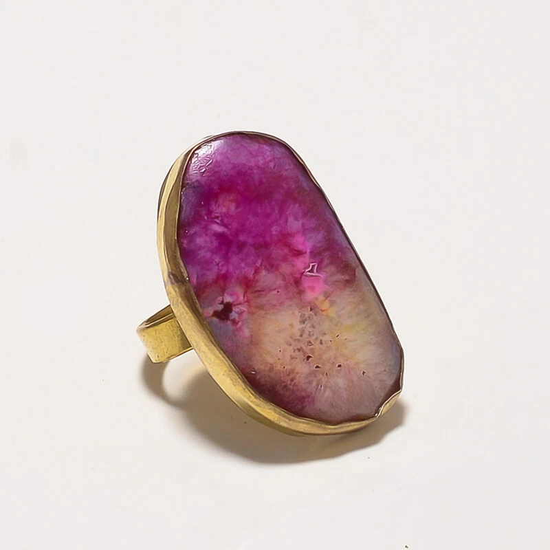 ANILLO AJUSTABLE CHAPADO EN ORO TIBITANO PIEDRA PRECIOSA DRUZY RODAJA ÁGATA ROSA Foto 1 de 1