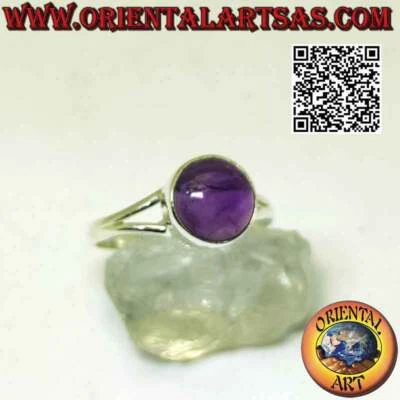 Anello in argento 925 ‰ ametista tondo cabochon su montatura liscia agganciata a - Immagine 1 di 4