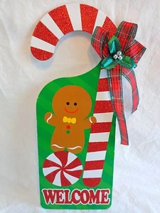 Percha de perilla de puerta de Navidad 14" Bienvenido pan de jengibre hombre bastón de caramelo - Imagen 1 de 4
