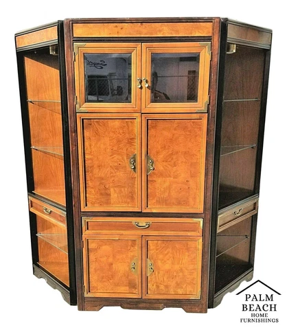 3 Piece BROYHILL Asian Chinoiserie Lighted Dry Bar Cabinet with Display Cases Cover