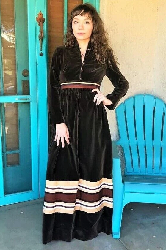 Женские A.J. Bari 70-х шоколад бархат макси платье и триколор муар ткани Sz 0P - Изображение 1 из 4