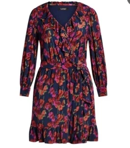Lauren Ralph Lauren Faux Wrap Sz 10 Stretch Ruffle Trim Jersey Dress Floral - Picture 1 of 8