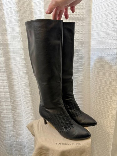 Stivali neri Bottega Veneta tessuto intrecciato al ginocchio tacco 3" taglia 39