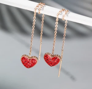 3" Threader Rose Gold Red Heart CZ Tassel Drop Earrings Stainless Steel AC1 - Picture 1 of 5