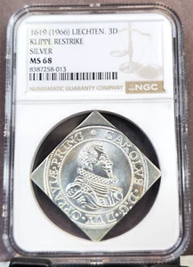 1966 LIECHTENSTEIN SILVER 3 DUCAT 1619 KLIPPE RESTRIKE NGC MS 68 RARE GEM - Picture 1 of 3