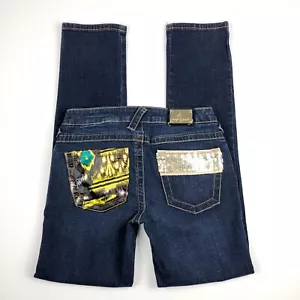 Baby Phat Jeans Größe 3 Skinny Gold Pailletten Bling Tasche dunkel gewaschen Denim - Bild 1 von 12