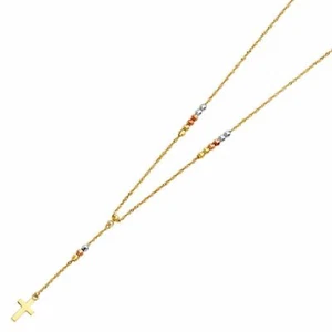 14K Real Tri Color Gold 2.5mm Beads Ball Rosary Necklace - 17+1" For Women - Picture 1 of 3
