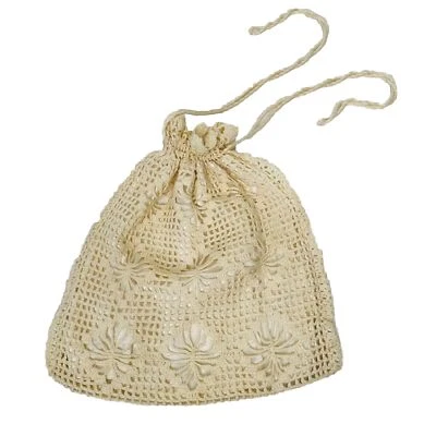 Bolso de mano vintage de ganchillo marfil con cordón años 70 bolso boho forro satinado Foto 1 de 4