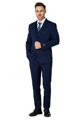 Men's Suit Pants Vest Blazer Soft Navy Checker 3Pcs Slim Fit Notched Lapel #1502 - Image 1 of 4