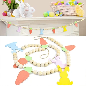 Easter Wooden Beads Garland 4.1Ft Colorful Bunny Carrot Garland Easter Day Woode - Picture 1 of 12