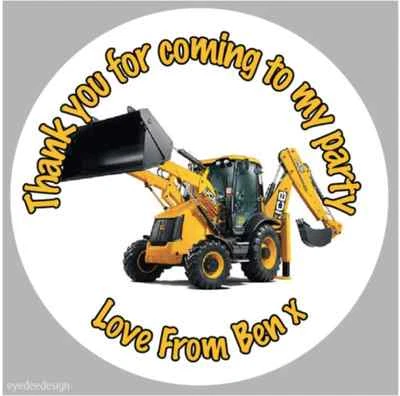 ELSIE BEAU 35 x Personalised Yellow Digger Birthday Stickers Party Bag Seals Sweet Cone 360