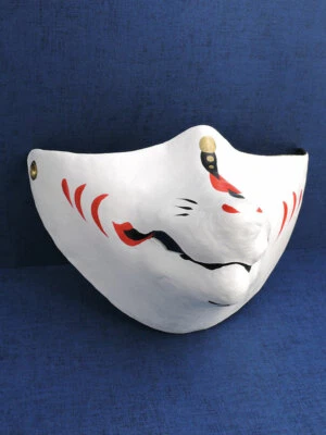 Komendo Shirogane Half Face Hand Painted Fox Mask Kitsune White Paper Japan New - Image 1 of 4