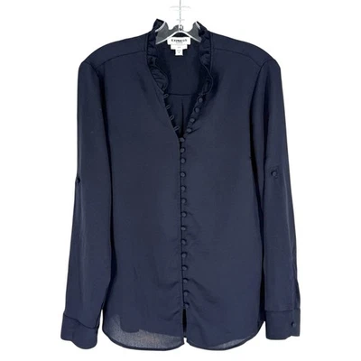 Blusa Express Portofiino Para Mujer Talla Mediana Azul Marino Satinado Volantes Cuello Calce Ajustado Foto 1 de 4