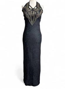 100% Silk Beaded Formal Halter Dress Size XS Statement Dress Glam Luxe - Picture 1 of 14