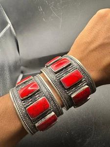 Handmade Afghani Kuchi Red Coral Cuff Bracelet | Round Tribal Stainless Steel - Picture 1 of 4