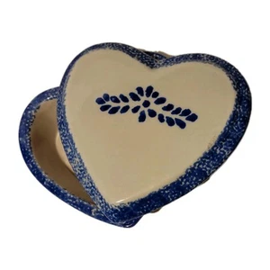 Vintage Stoneware Blue Spongeware Heart Shaped Jewelry Trinket Box With Lid - Picture 1 of 9
