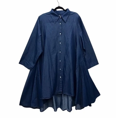 Step in Style Hi Low Swing Dress Blue Denim Rhinestone Bling Buttons Sz 3X - Image 1 of 4