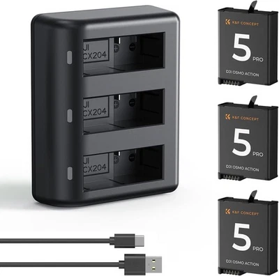 K&F Concept Osmo Action 5 Pro/4/3 Batteries & 3-Slot Fast Charger for DJI 360