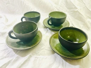 JARS France Tourron Samoa Vert Green Set Of 4 Tea / Coffee Cups & 3 Saucers - Picture 1 of 7