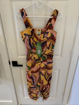 Vestido midi Farm Rio Multi Banana 100 % lino amarillo multicolor talla pequeña nuevo con etiquetas Foto 1 de 4