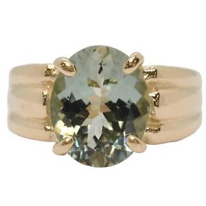 14K YELLOW GOLD PRASIOLITE GREEN AMETHYST FACETED OVAL SOLITAIRE GEMSTONE RING