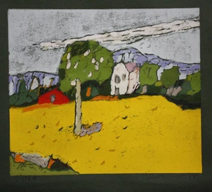 Klaus Fussmann musealer Farblinolschnitt spitzen Blatt, Raps bei Gündelsby rar - Bild 1 von 2