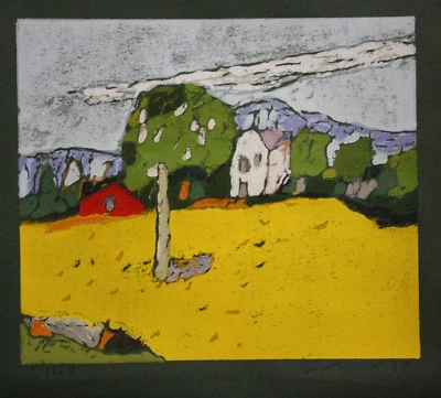 Klaus Fussmann musealer Farblinolschnitt spitzen Blatt, Raps bei Gündelsby rar - Bild 1 von 2