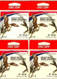 Eagle Claw FISHING 12 Black Nylon Wire Leaders 6" 20lb TEST, 3 to a pkg = 4 Pack - Picture 1 of 6