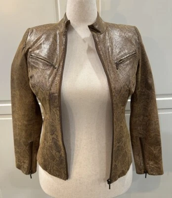 VS2 by Vakko Women's Snake Skin Print Leather Jacket Bronze Shimmery Brown SZ 4 - Image 1 of 4