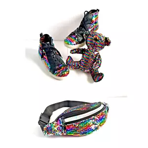3 pc Set STEVE MADDEN JSeeker Sneakers Sz 5 Teddy Bear Fanny Pack Rainbow Sequin - Picture 1 of 23