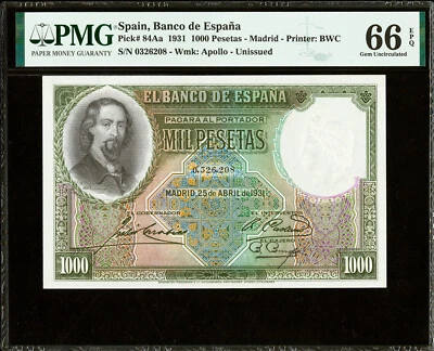 Spain 1000 Pesetas 1931 Pick-84Aa GEM UNC PMG 66 EPQ - Image 1 of 2