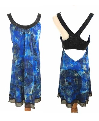 Marciano Women Silk Dress Size S Small Beaded Cut Out Back Blue Black - Image 1 of 4