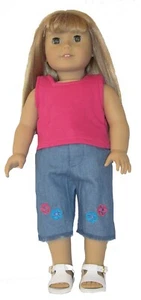 Hot Pink Tank and Embroidered Denim Board Shorts 2pc Set Fits American Girl Doll - Picture 1 of 1