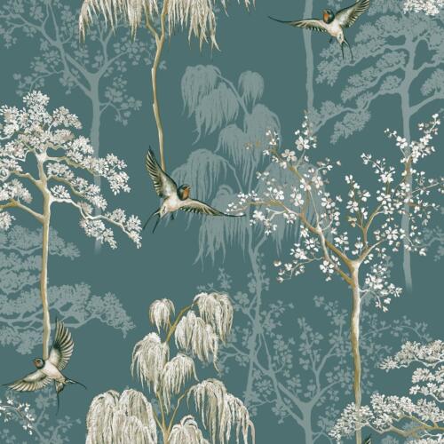 Arthouse Japanese Garden Wallpaper Oriental Trees Birds - Navy Ochre Grey