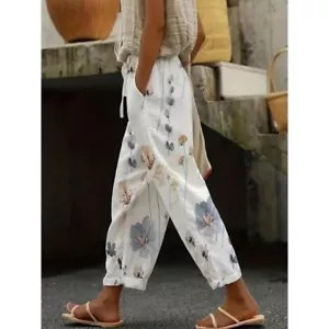 Neue knöchellange Damenhose Retro-Druck mittelhohe Taille Tasche gerade Hose - Bild 1 von 5