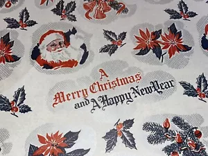 VTG MERRY CHRISTMAS WRAPPING PAPER GIFT WRAP SANTA HOLLY BELLS HAPPY NEW YEAR - Picture 1 of 7
