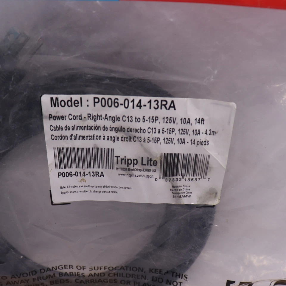 Tripp Lite Standard Computer Power Cord Black 18AWG 10A/125VAC 14" P006-014-13RA - Image 1 of 4
