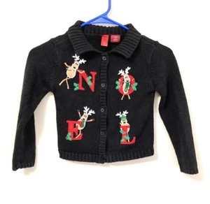 Noel Embroidered Ugly Christmas Sweater Cardigan SMALL Girl’s Black Holiday - Picture 1 of 8