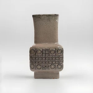 Vintage Modernistische Keramik Vase Keramik aus hungrigen 60er Jahren beige mit Kreismuster - Bild 1 von 10