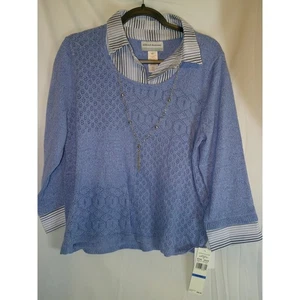 Alfred Dunner Petite PXL Blue Knit Sweater with Striped Collar & Cuffs $68 NWT - Picture 1 of 5