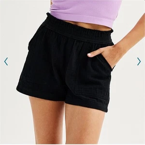 Pantalones cortos de tiro alto de gasa de algodón negro M - Coastal Cottagecore Summer Staple - Imagen 1 de 5