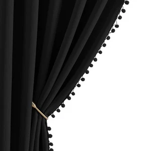 Black Blackout Pom-poms Curtain Drapes, Rod Pocket Thermal Insulated Bohemian... - Picture 1 of 7