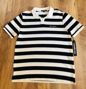 NWT Karl Lagerfeld Mens Black And Cream Polo Shirt Textured Short Sleeve Large - Picture 1 of 9