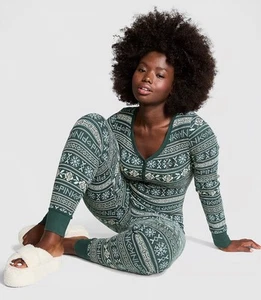 Victoria's Secret Pink THERMAL LONG Green Plaid ONE PIECE PAJAMAS SLEEP S NWT - Picture 1 of 24