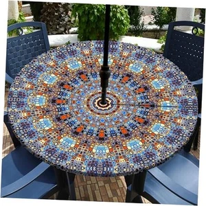 Outdoor Tablecloth with Umbrella Hole Waterproof Round Fitted Tablecloth with - Picture 1 of 8