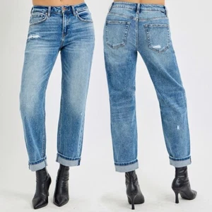 RISEN High Rise Ankle Boyfriend Distressed Jeans PGA21013 - Picture 1 of 10