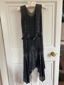 antique flapper dress black crepe handkerchief hem bugle beads pearl belt - Picture 1 of 8