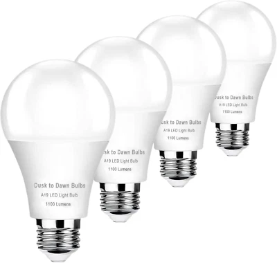 4-Pack Dusk to Dawn LED Light Bulbs, 10W 5000K A19 E26, Auto On/Off Sensor - Image 1 of 4